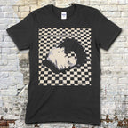 Black t-shirt featuring a surreal checkerboard graphic of a man's face with Eraserhead text on front