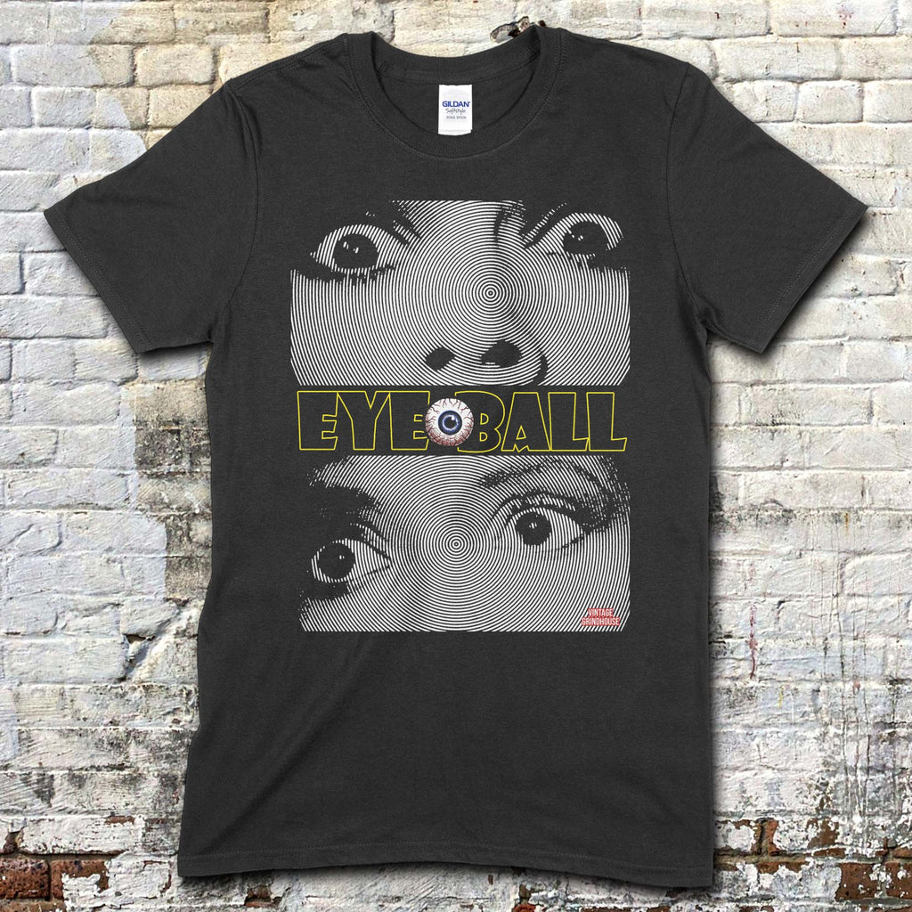 Black t-shirt featuring distorted black and white close-up eyes with yellow Eyeball text and a single eyeball graphic on front