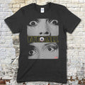 Black t-shirt featuring distorted black and white close-up eyes with yellow Eyeball text and a single eyeball graphic on front