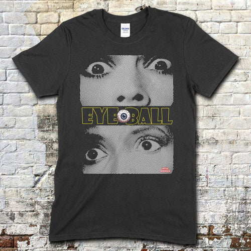 Black t-shirt featuring distorted black and white close-up eyes with yellow Eyeball text and a single eyeball graphic on front