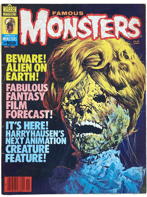Vintage magazine cover of 'Famous Monsters' with a creature illustration and text about an alien on Earth.