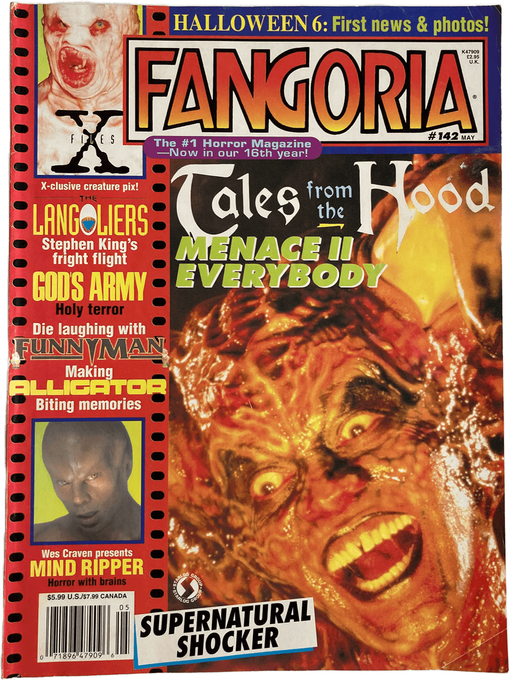 Fangoria Magazine #142 cover featuring fiery horror face from Tales from the Hood with horror film headlines and vintage style