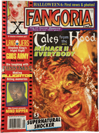 Fangoria Magazine #142 cover featuring fiery horror face from Tales from the Hood with horror film headlines and vintage style