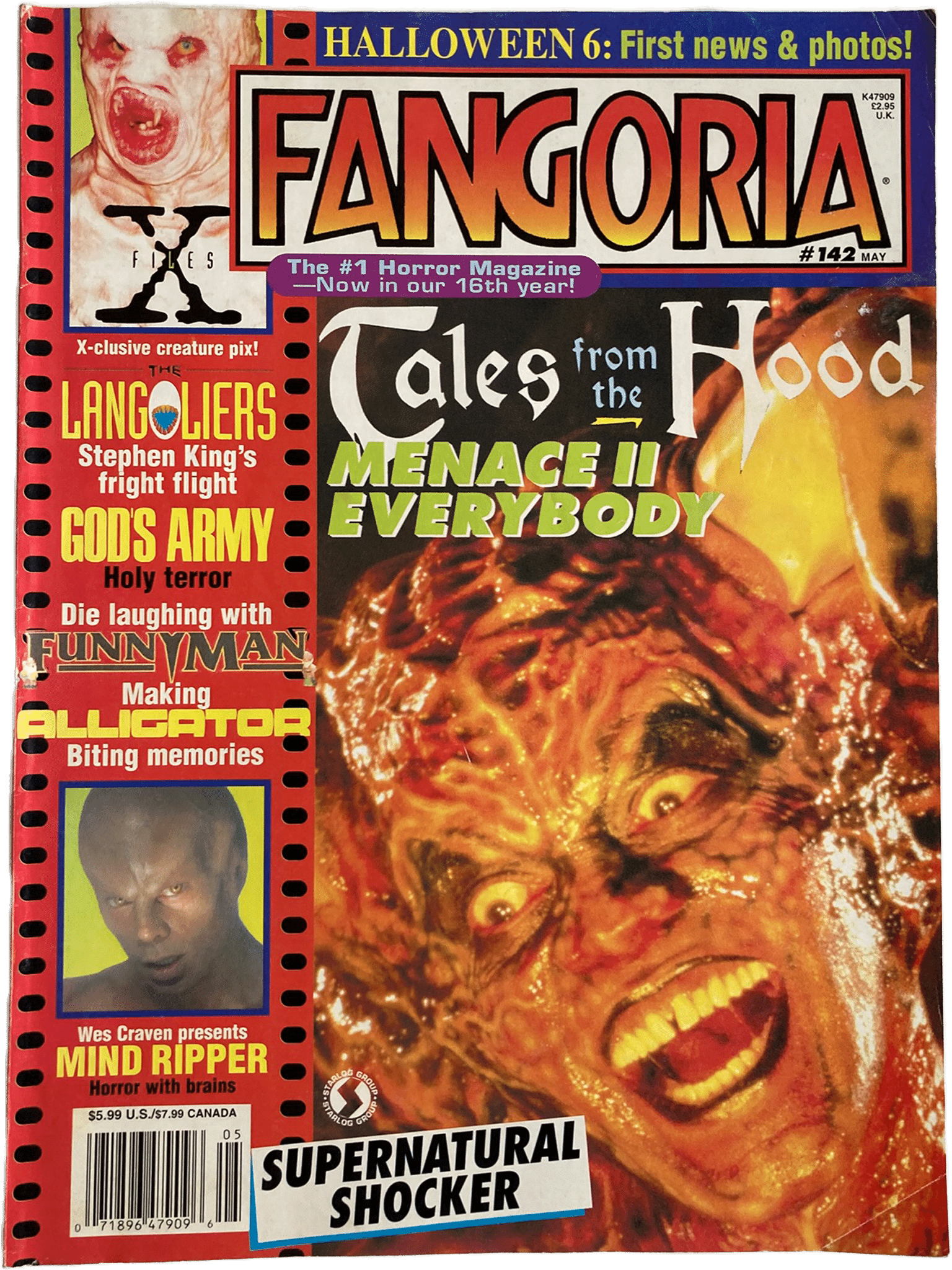 Fangoria Magazine #142 cover featuring fiery horror face from Tales from the Hood with horror film headlines and vintage style