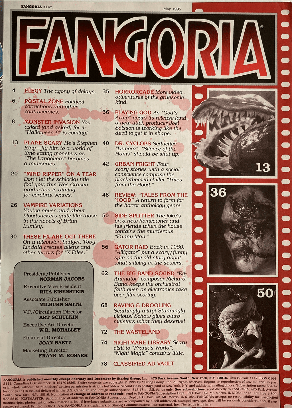 Fangoria Magazine #142 table of contents listing horror features, movie reviews, and creature illustrations from May 1995.