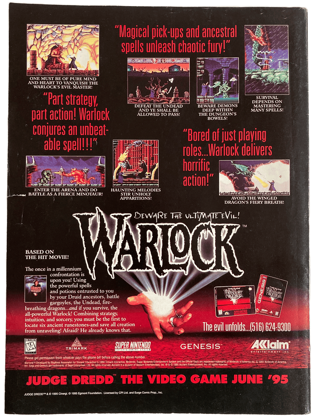 Fangoria Magazine #142 back cover with Warlock game ad, vintage horror style, and pixelated fantasy battle scenes