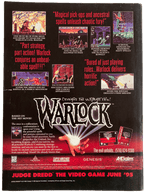 Fangoria Magazine #142 back cover with Warlock game ad, vintage horror style, and pixelated fantasy battle scenes
