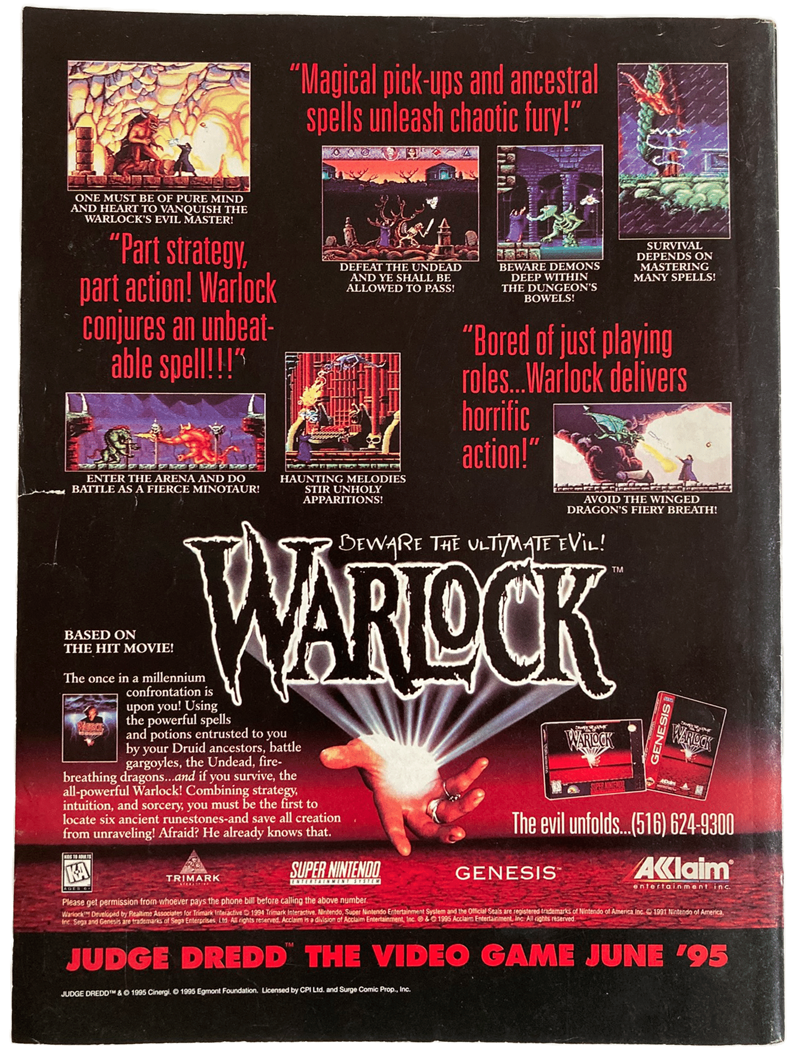 Fangoria Magazine #142 back cover with Warlock game ad, vintage horror style, and pixelated fantasy battle scenes