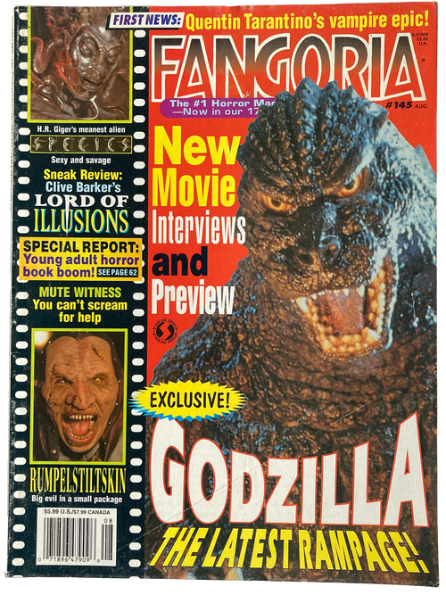 Fangoria magazine issue 145 cover featuring Godzilla with horror movie news and exclusive new film interviews and previews