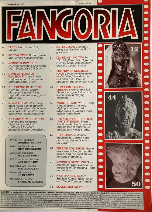 Fangoria Magazine #145 cover with horror film highlights, iconic creature images, and eerie character portraits in black and white tones