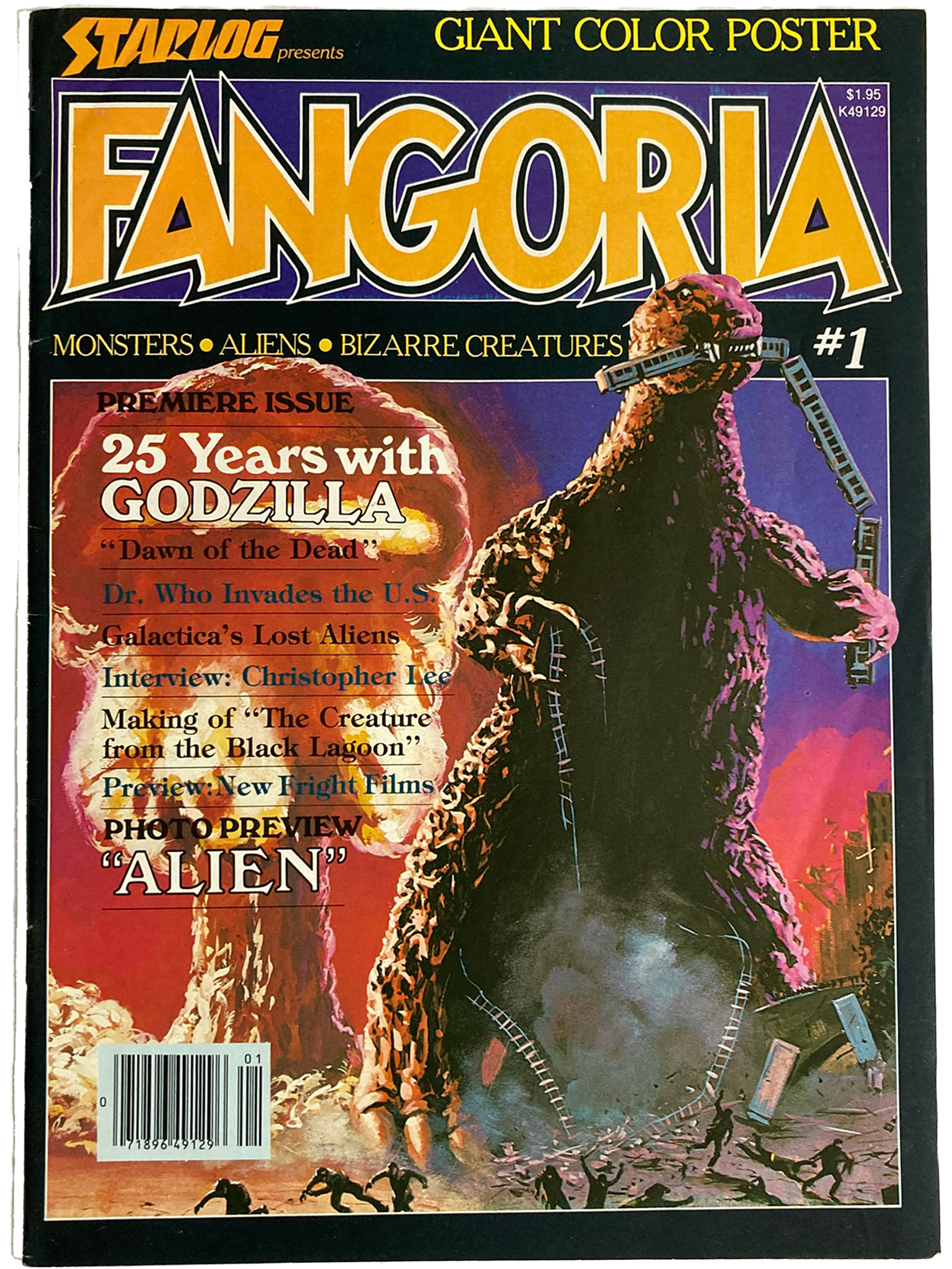 Magazine cover of Fangoria featuring Godzilla and alien creatures with promotional text.