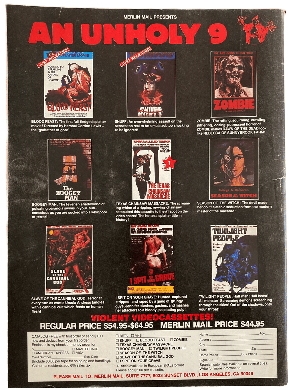 Merlin Mail promotional flyer for 'An Unholy 9' with movie poster images and pricing information.