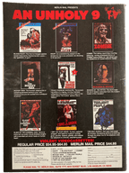 Merlin Mail promotional flyer for 'An Unholy 9' with movie poster images and pricing information.