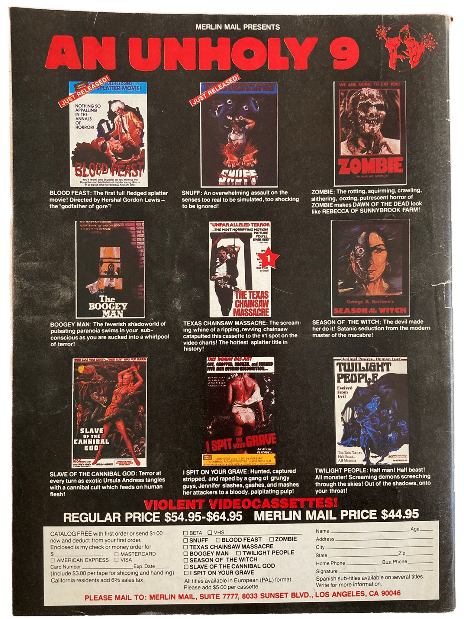 Merlin Mail promotional flyer for 'An Unholy 9' with movie poster images and pricing information.