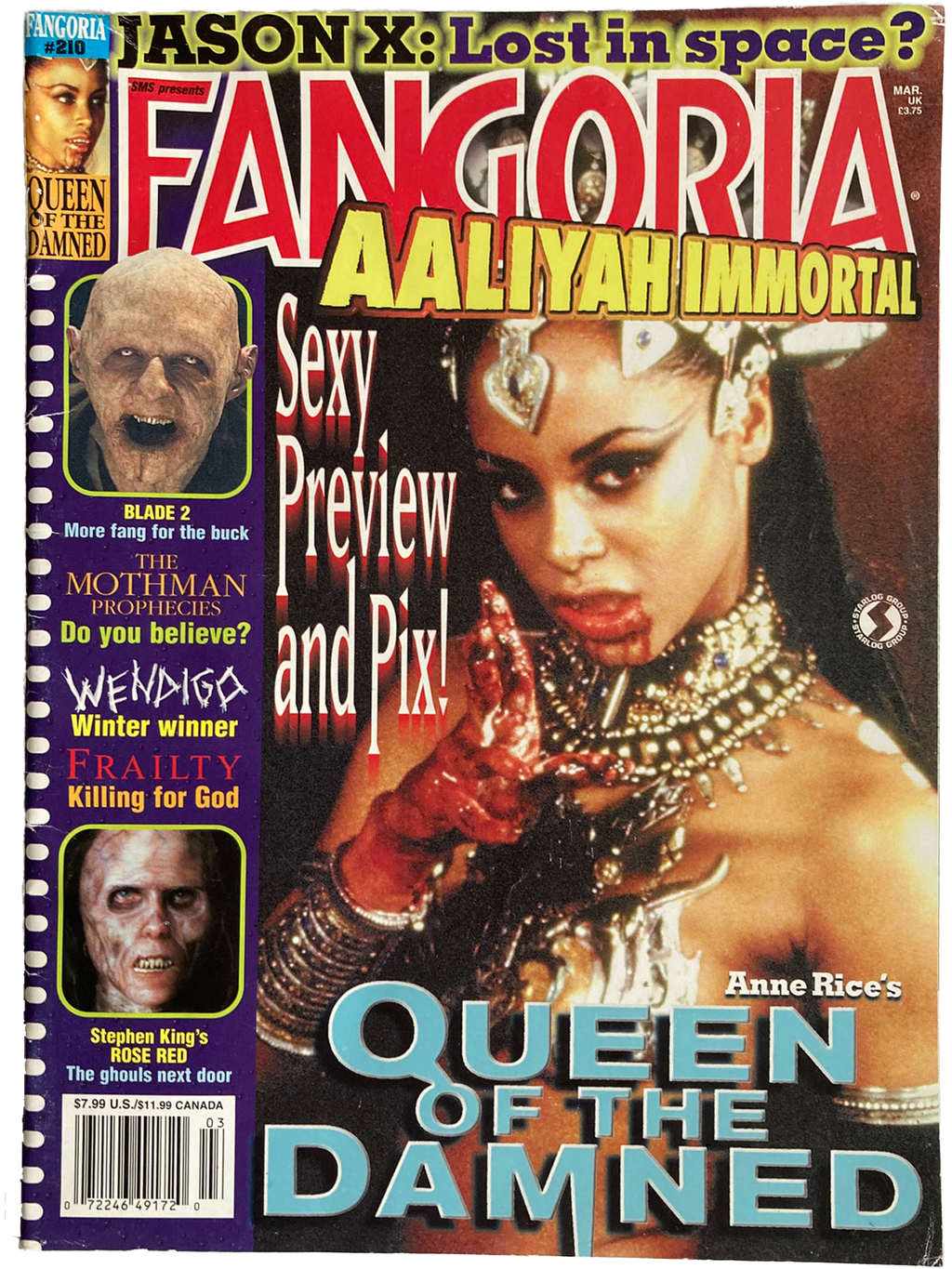 Fangoria #210 cover featuring a woman in costume with text about 'Queen of the Damned' and 'Fangoria'.