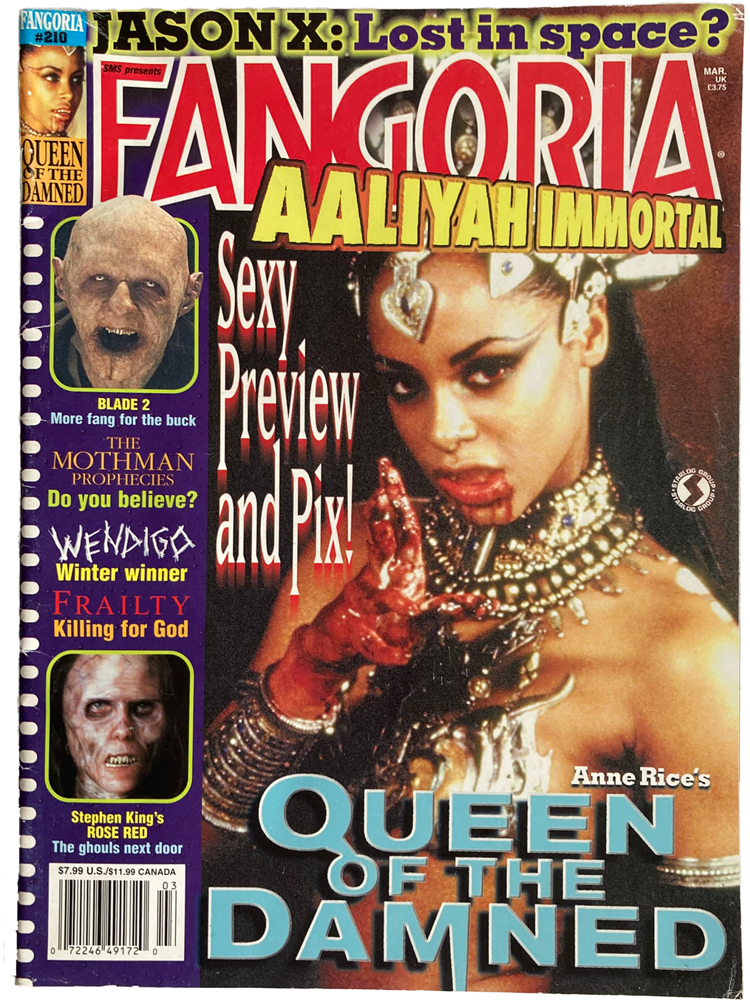 Fangoria #210 cover featuring a woman in costume with text about 'Queen of the Damned' and 'Fangoria'.