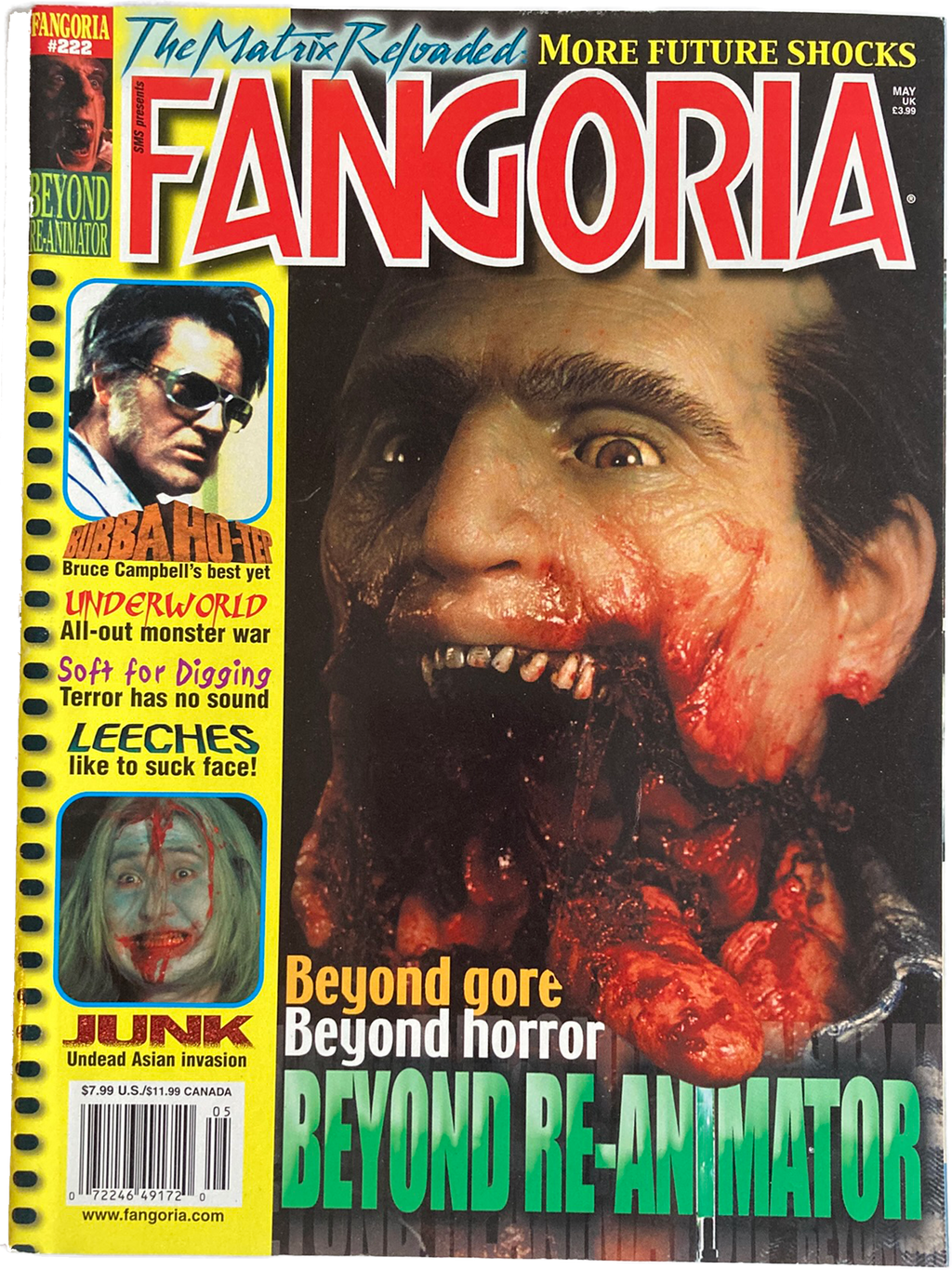 Fangoria Magazine #222 cover featuring a gore-filled horror scene from Beyond Re-Animator with vintage grindhouse style text