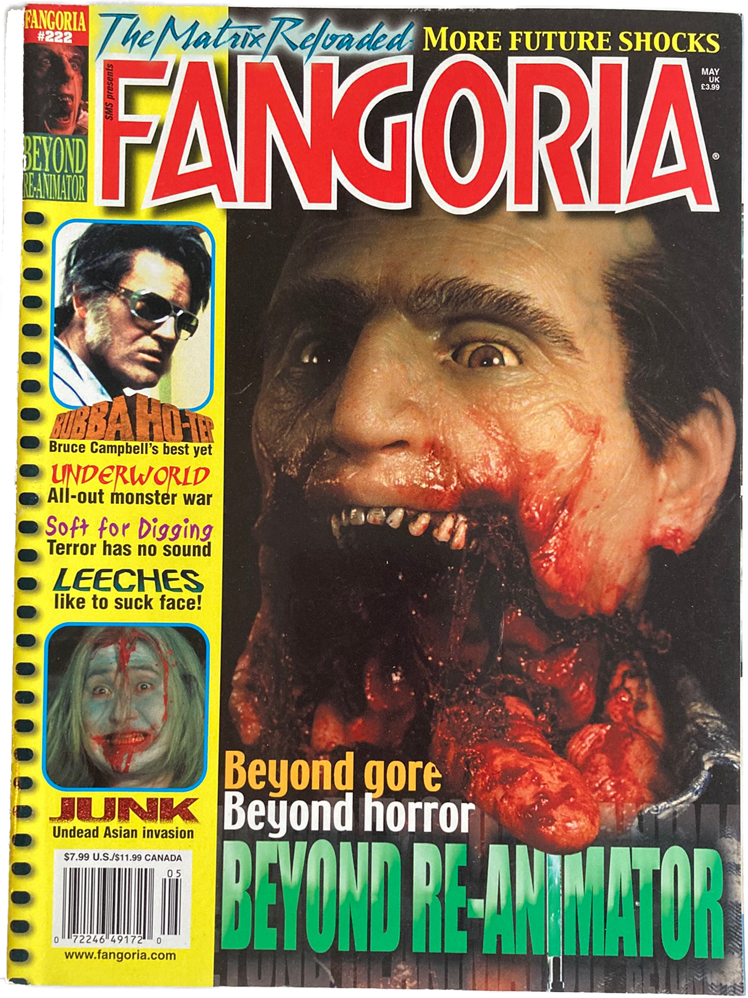 Fangoria Magazine #222 cover featuring a gore-filled horror scene from Beyond Re-Animator with vintage grindhouse style text