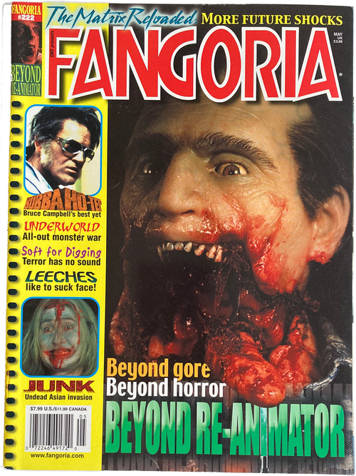 Fangoria Magazine #222 cover featuring a gore-filled horror scene from Beyond Re-Animator with vintage grindhouse style text