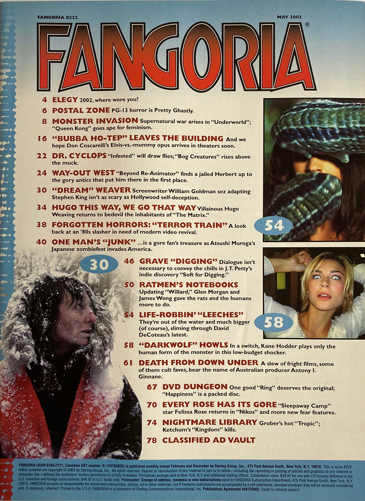 Fangoria Magazine #222 cover featuring horror film titles with a vintage grindhouse style and classic horror themes.