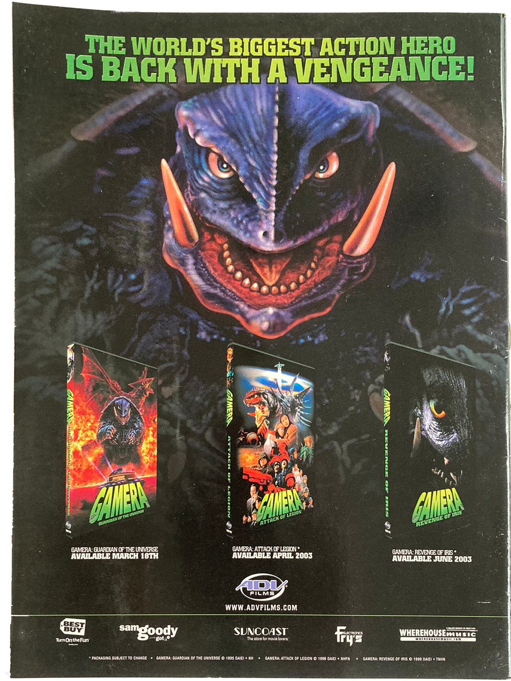 Back cover of Fangoria Magazine #222 featuring promotional art for Gamera action hero film series box sets.