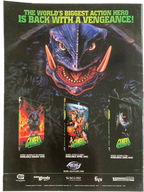 Back cover of Fangoria Magazine #222 featuring promotional art for Gamera action hero film series box sets.