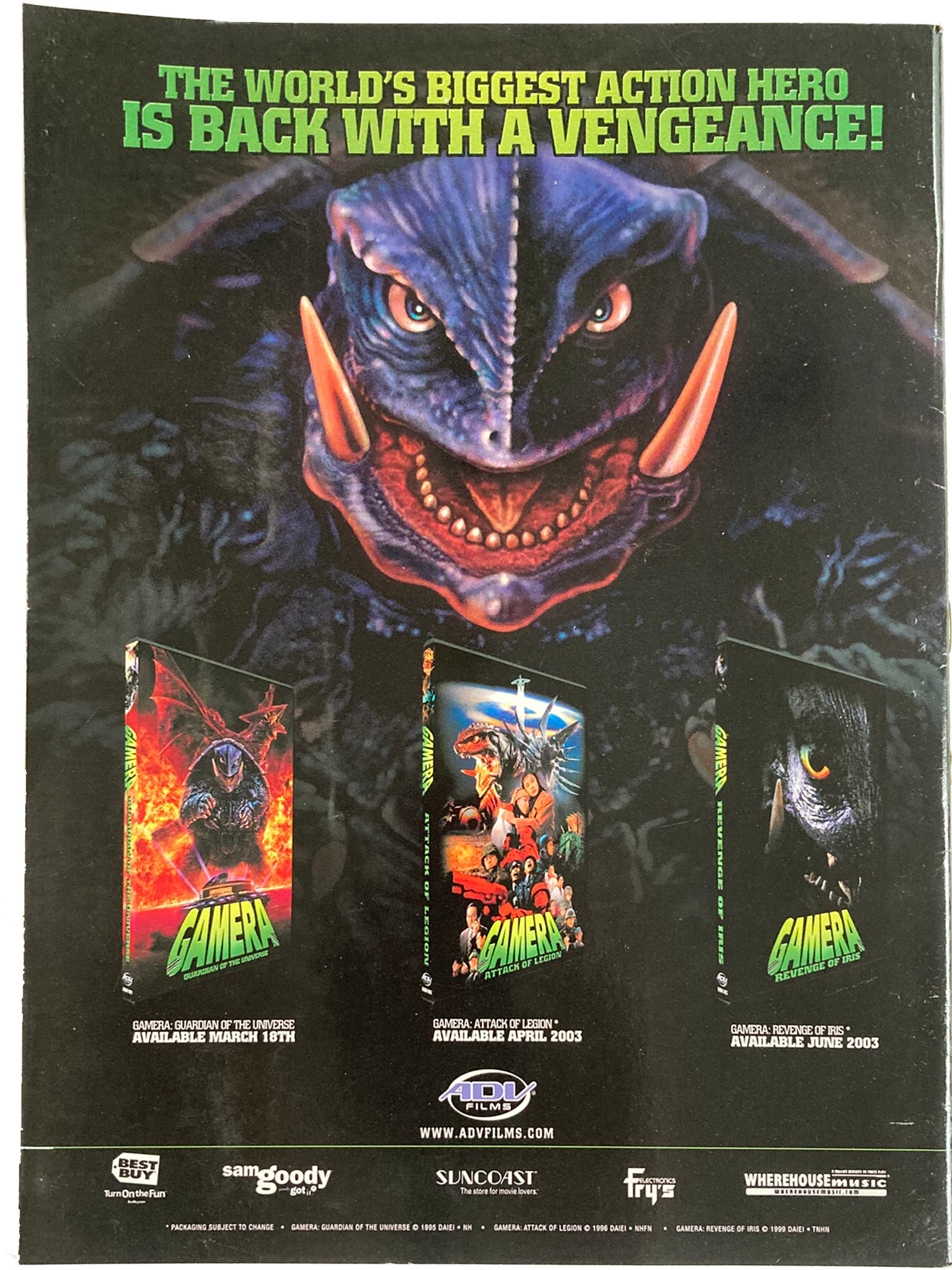 Back cover of Fangoria Magazine #222 featuring promotional art for Gamera action hero film series box sets.
