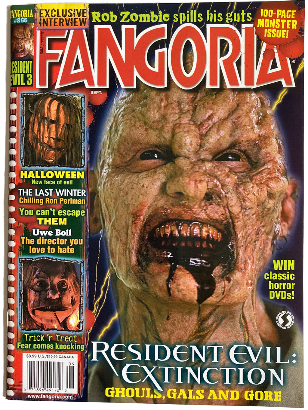 Magazine cover of Fangoria #266 featuring a zombie face and horror movie references.