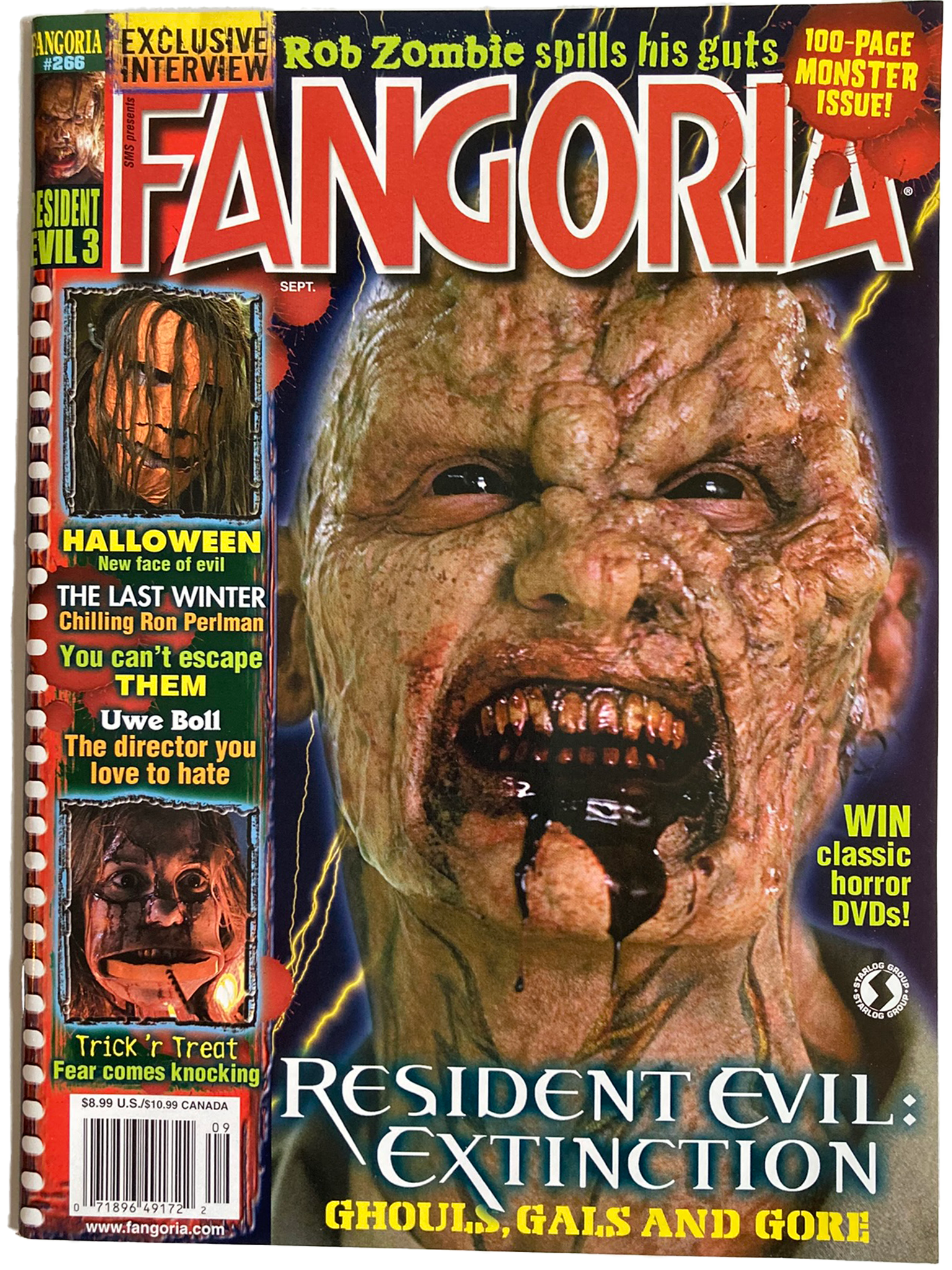 Magazine cover of Fangoria #266 featuring a zombie face and horror movie references.