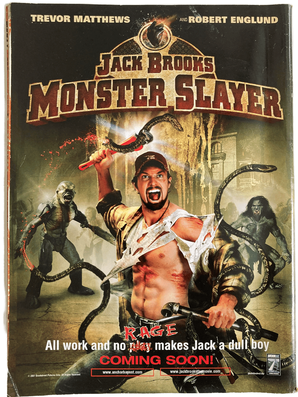 Promotional poster for 'Jack Brooks Monster Slayer' featuring a man with a weapon and zombies.