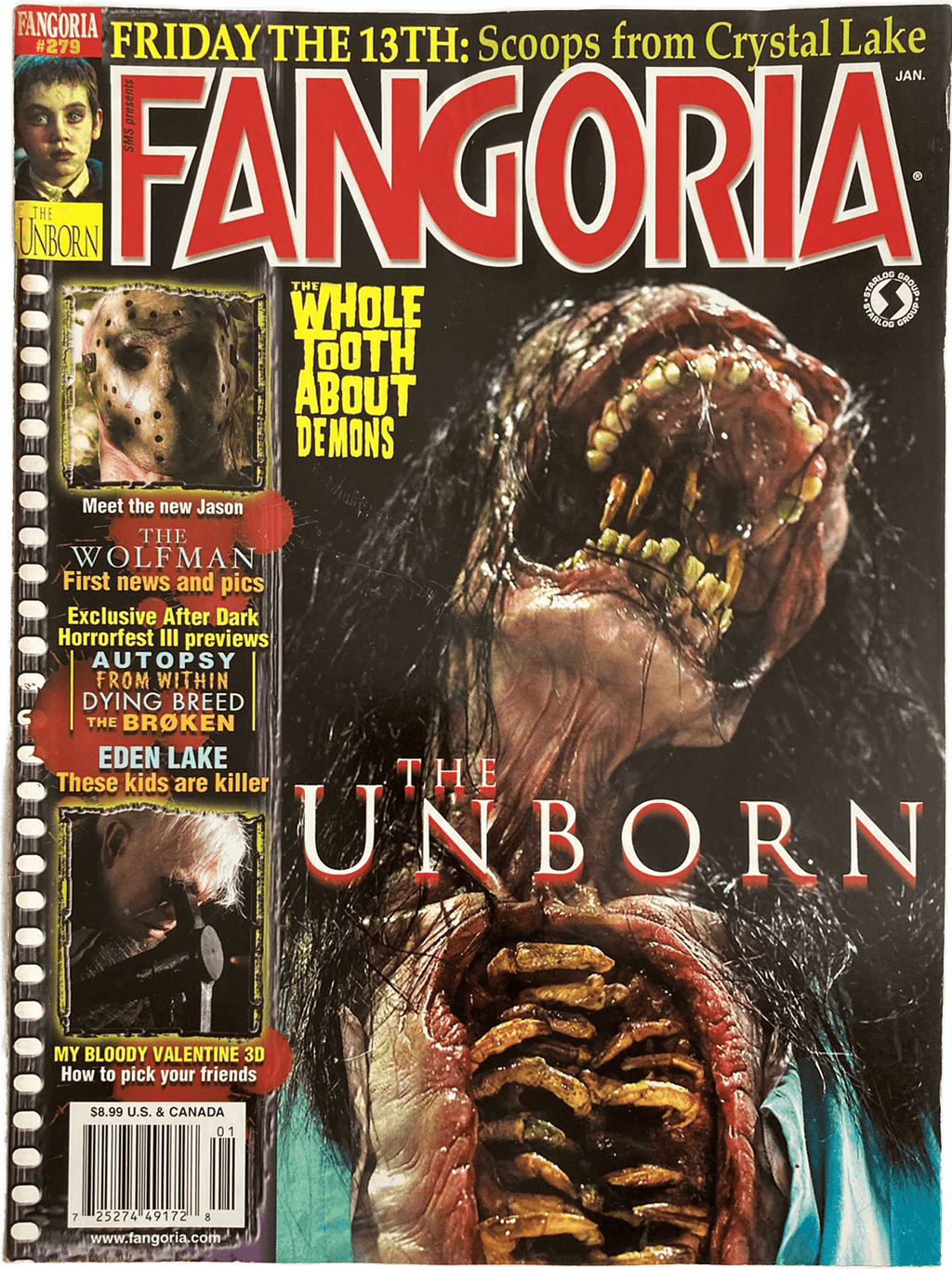 Fangoria Magazine #279 cover featuring gruesome creature from The Unborn and horror film previews with vintage grindhouse style