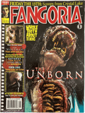 Fangoria Magazine #279 cover featuring gruesome creature from The Unborn and horror film previews with vintage grindhouse style