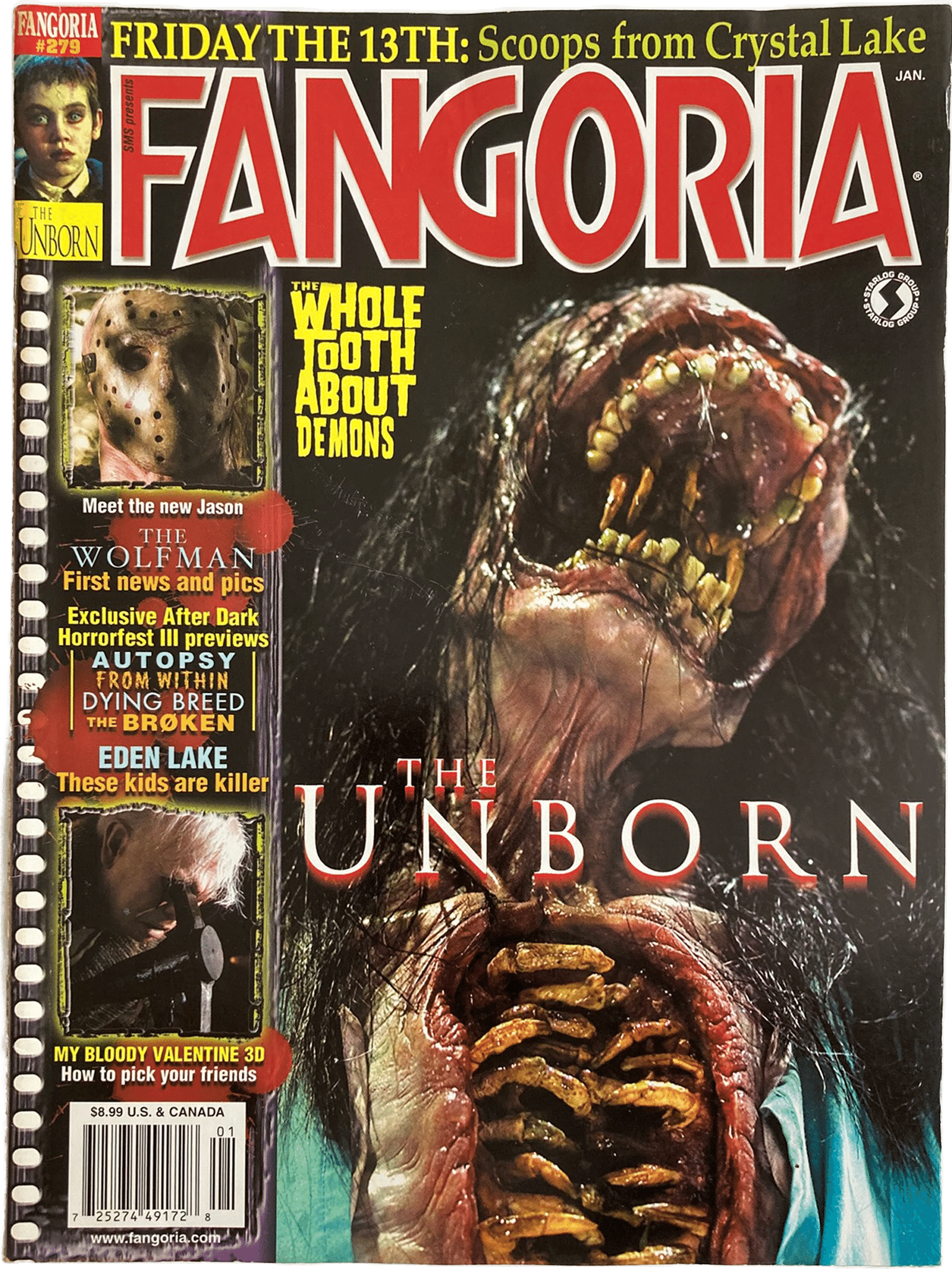 Fangoria Magazine #279 cover featuring gruesome creature from The Unborn and horror film previews with vintage grindhouse style