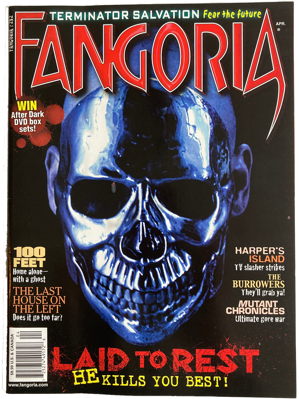 Magazine cover of Fangoria #282 featuring a blue skull with text about movie releases.