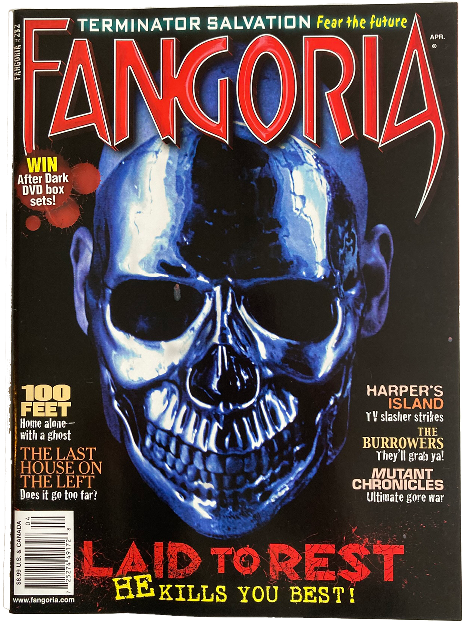 Magazine cover of Fangoria #282 featuring a blue skull with text about movie releases.