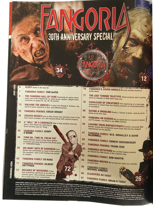 Fangoria Magazine #284 30th anniversary special page featuring horror icons, vintage grindhouse style, and article listings.