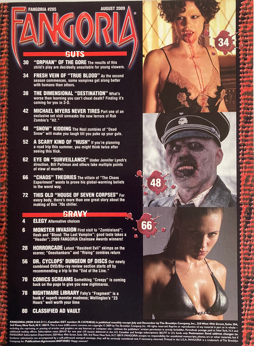 Fangoria Magazine #285 cover featuring horror movie highlights with graphic blood effects and vintage grindhouse style illustrations.