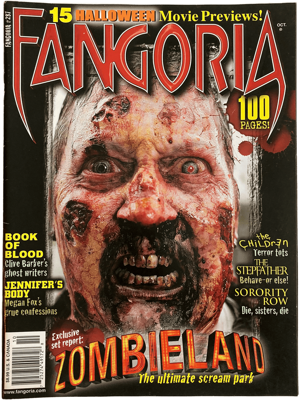 Magazine cover of Fangoria featuring a zombie face with text about Halloween movie previews and 'Zombieland'.