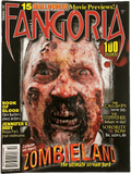 Magazine cover of Fangoria featuring a zombie face with text about Halloween movie previews and 'Zombieland'.