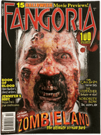 Magazine cover of Fangoria featuring a zombie face with text about Halloween movie previews and 'Zombieland'.