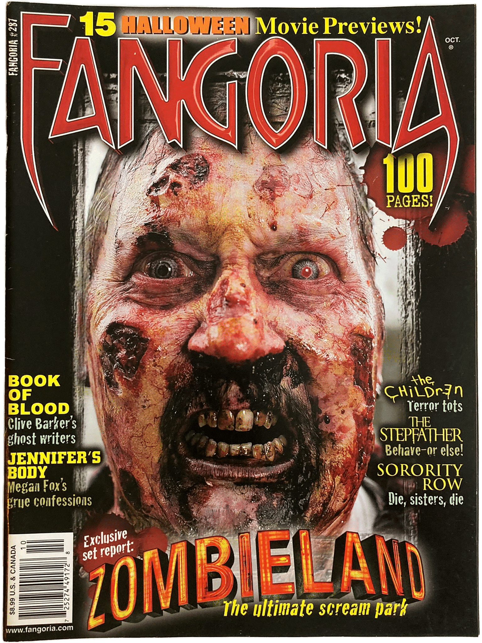 Magazine cover of Fangoria featuring a zombie face with text about Halloween movie previews and 'Zombieland'.