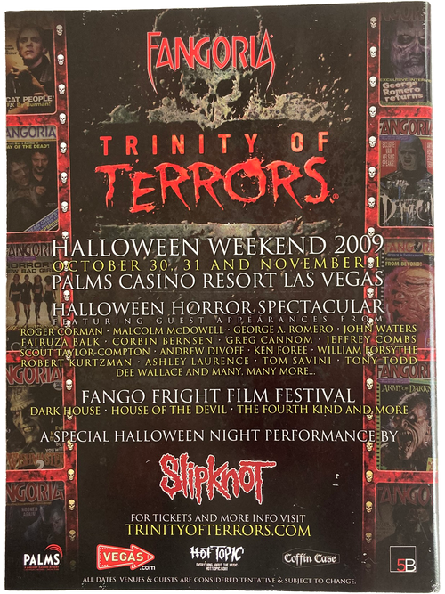 Back cover of Fangoria Magazine #288 promoting the 2009 Halloween Trinity of Terrors event with horror and film festival details.