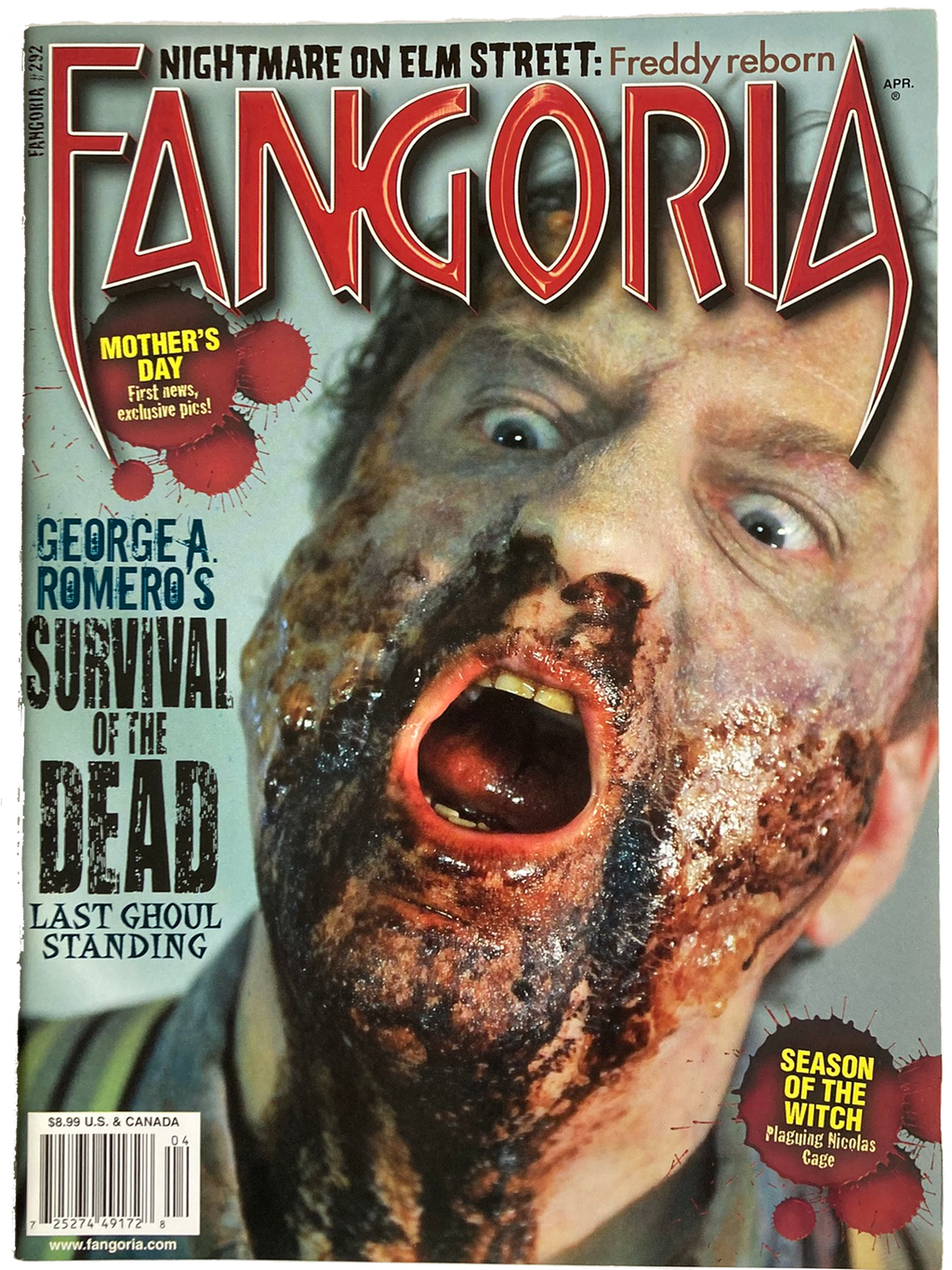 Magazine cover featuring a zombie with a bloody mouth and text about 'Fangoria' and 'Survival of the Dead'.
