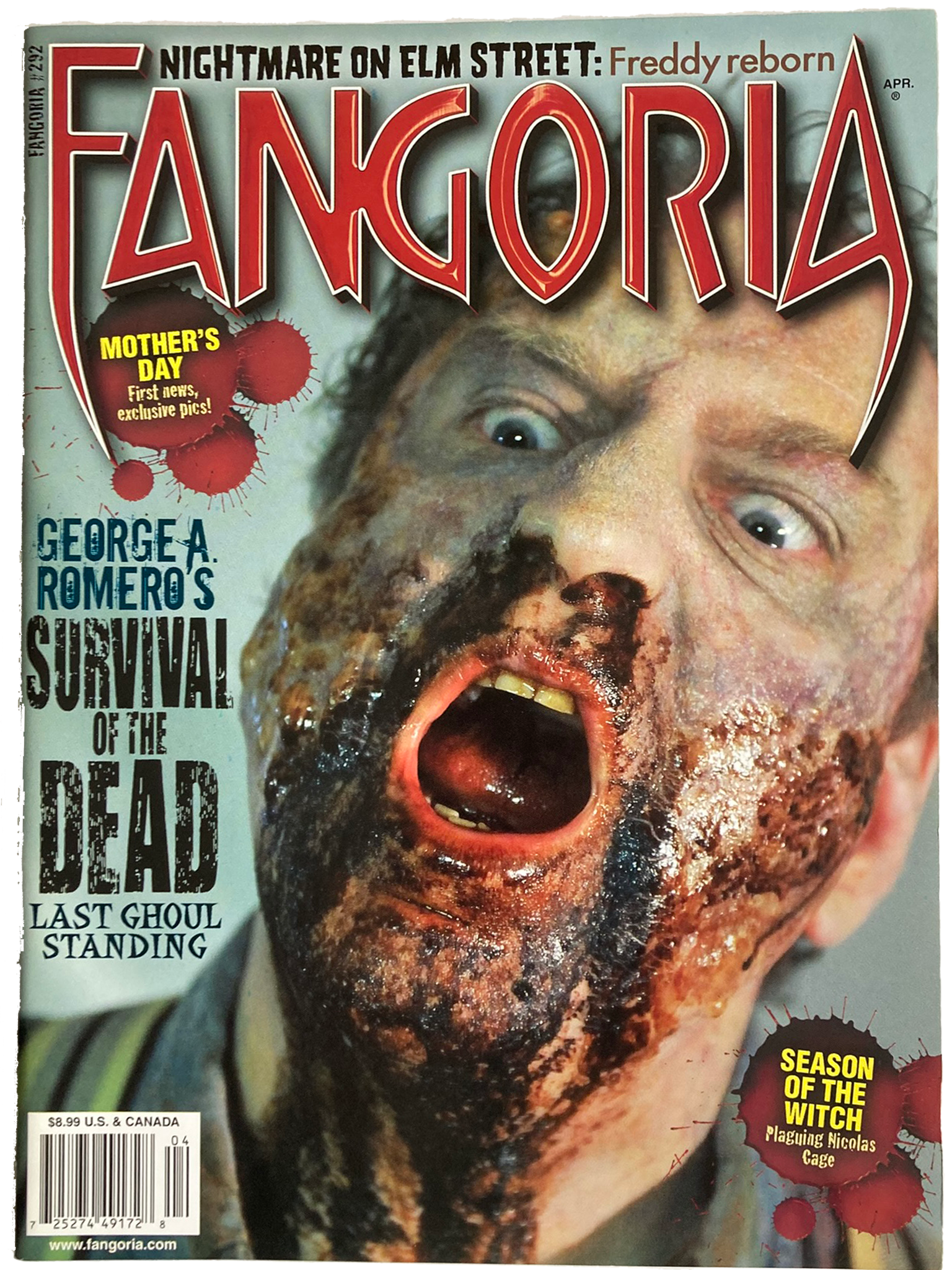 Magazine cover featuring a zombie with a bloody mouth and text about 'Fangoria' and 'Survival of the Dead'.