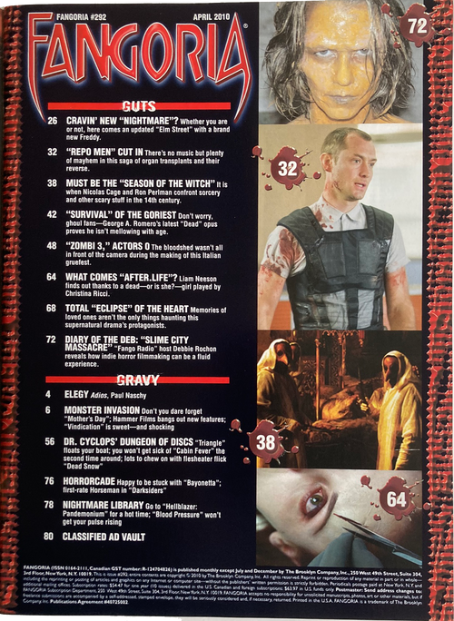 Fangoria Magazine #292 cover with horror film scenes, characters, and article highlights from April 2010 issue.