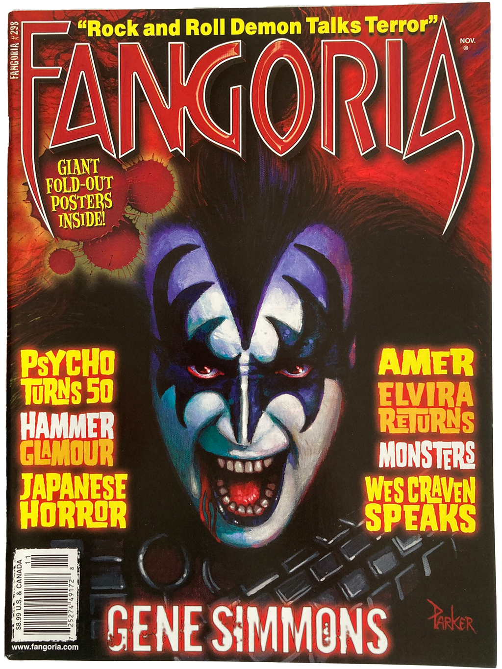 Magazine cover of Fangoria #298 featuring Gene Simmons with text about movie topics.