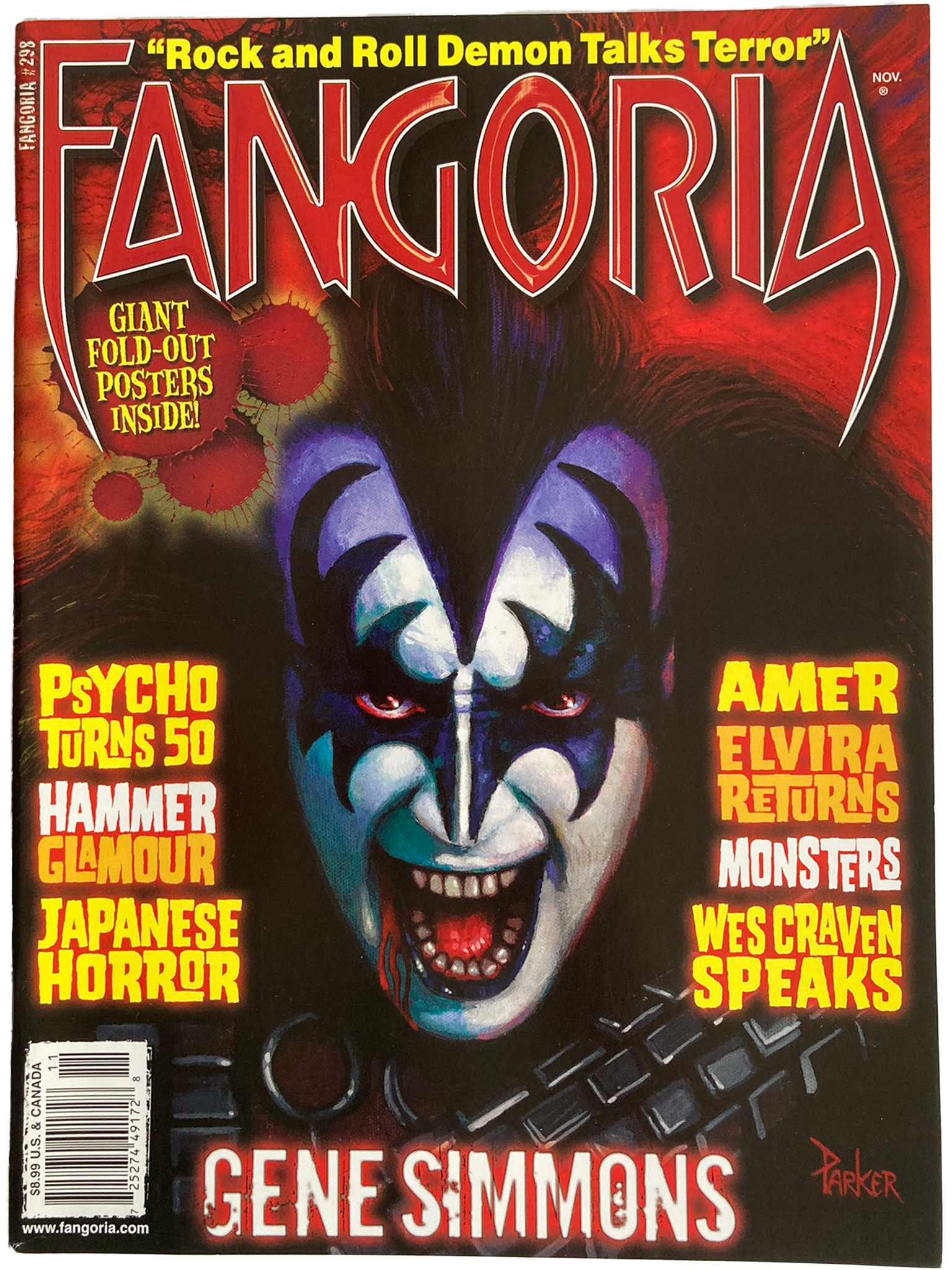 Magazine cover of Fangoria #298 featuring Gene Simmons with text about movie topics.