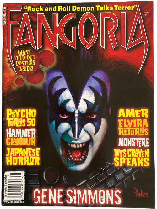 Magazine cover of Fangoria #298 featuring Gene Simmons with text about movie topics.
