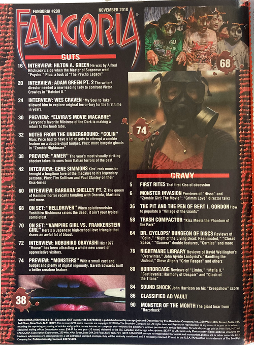 Back cover of Fangoria Magazine #298 featuring horror film interviews, previews, and classic creature artwork in dark tones