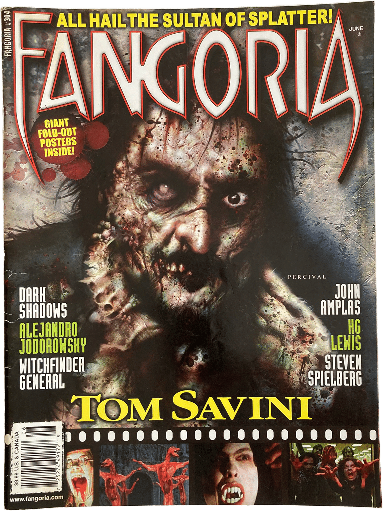 Magazine cover of Fangoria featuring a zombie with text and images of other people.